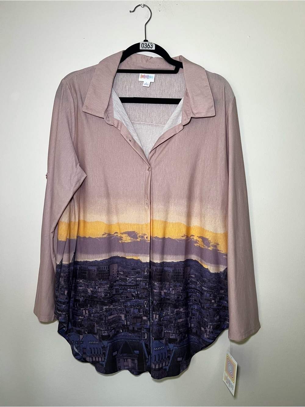 LuLaRoe Valentina Blouse in Mauve with Yellow and Navy Scenic Print